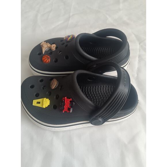 Toddler Size 8 Crocs Black Clogs with Jibbitz Charms – Dinosaur, Train, Sports - Picture 3 of 6